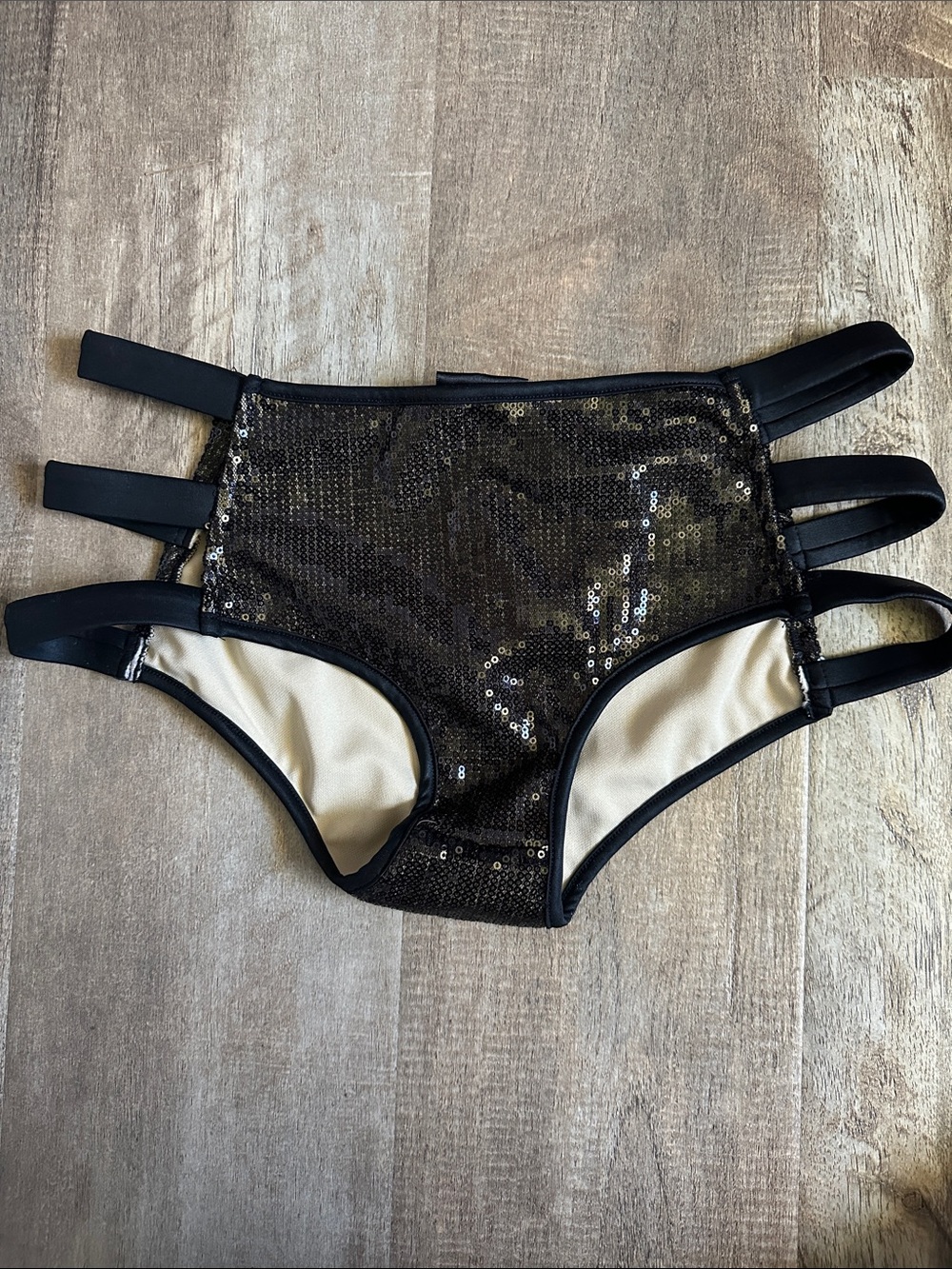 Fashion Nova Black Sequin High-Waist Strappy Bikini Bottoms